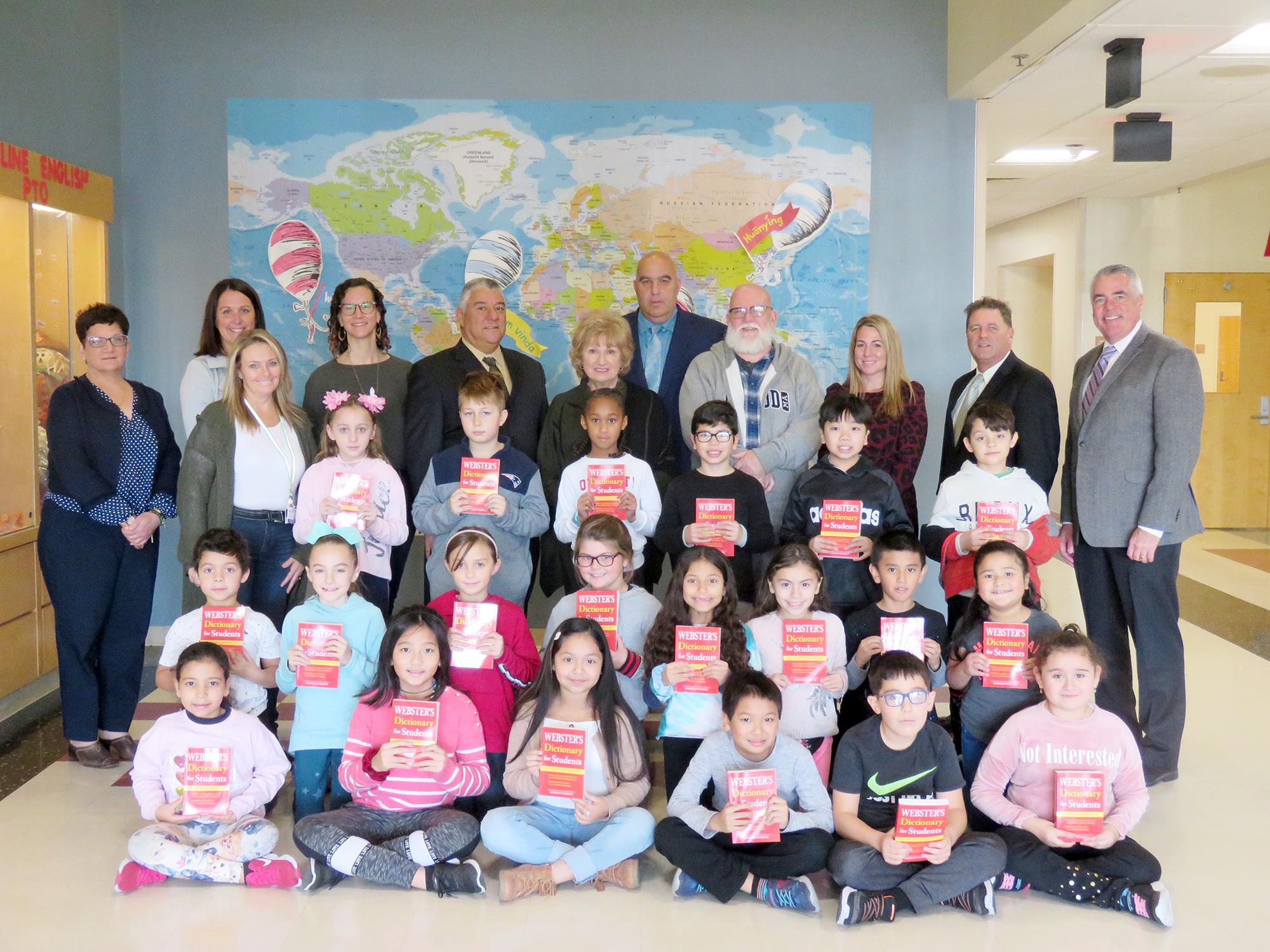 A group photo of English School third graders, educators and Elks officials 